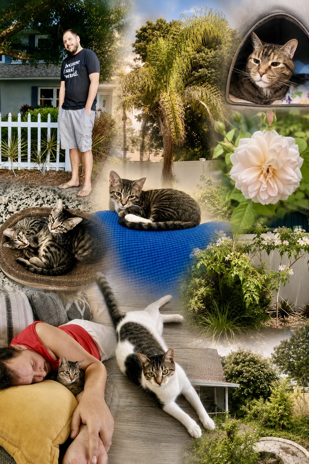 A collage of CJ, Patricia, the kittens, and the yard together